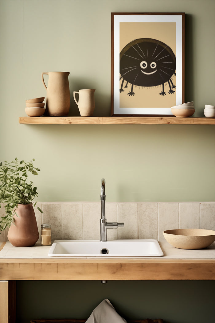 Stylish kitchen interior with a framed poster of a whimsical smiling spider cartoon artwork on a wooden shelf