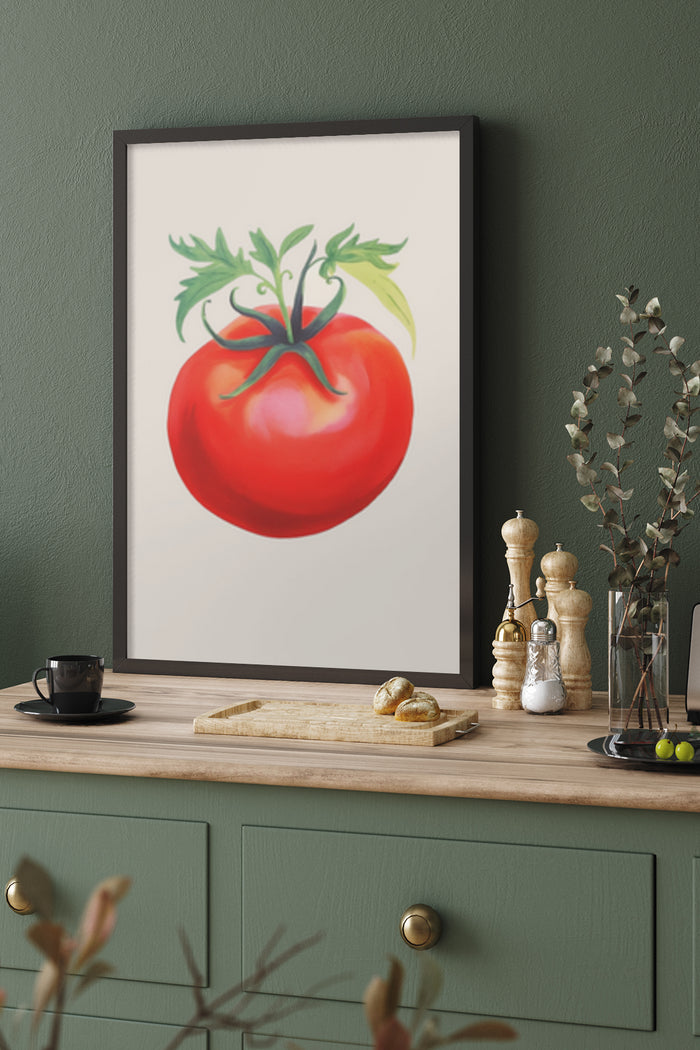 Contemporary tomato artwork poster displayed in a stylish kitchen setting