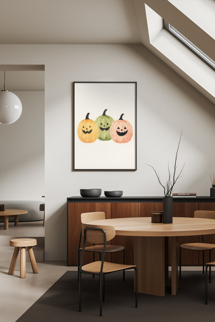 Trio of Jack-o'-lanterns watercolor painting in a modern kitchen setting for Halloween decor inspiration