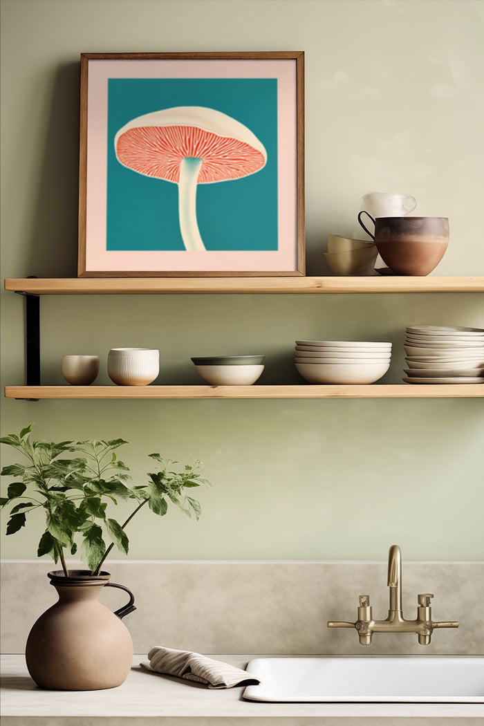 Contemporary mushroom illustration poster in a kitchen setting