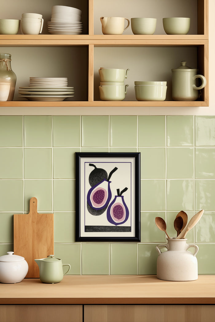 Stylish kitchen with a framed poster of fig illustration on green-tiled wall