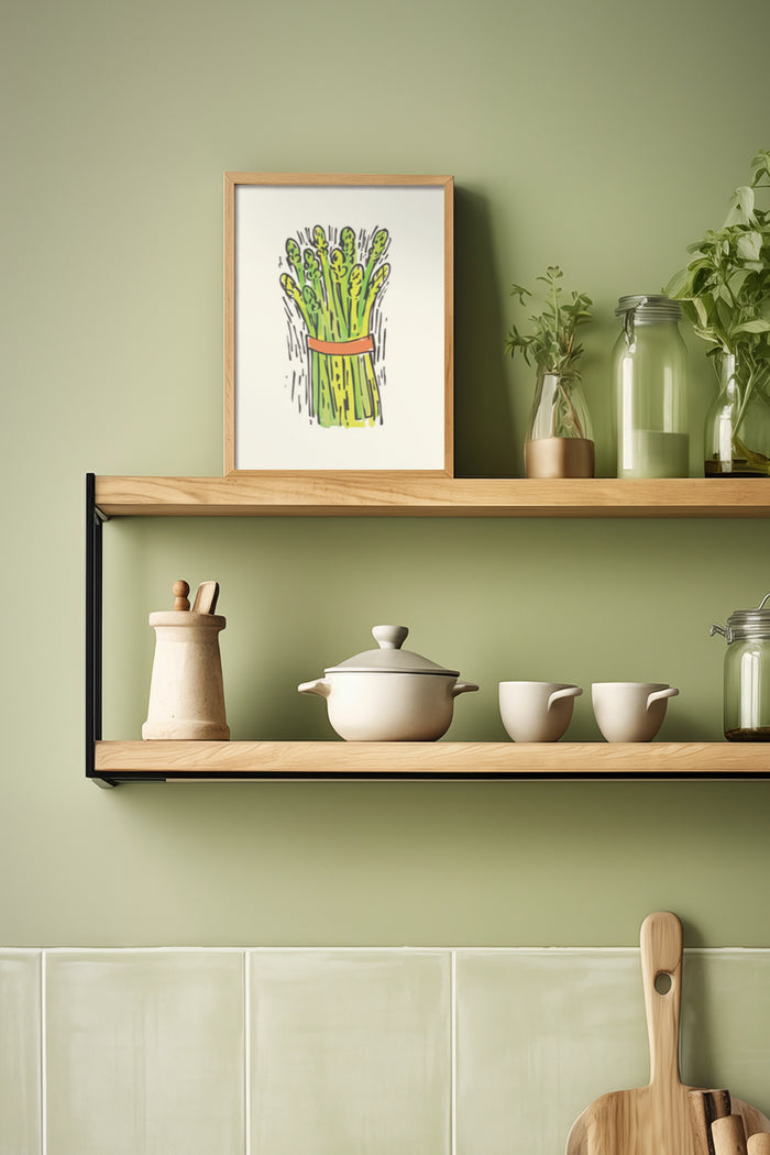 Modern kitchen interior with green wall featuring framed asparagus illustration art poster, wooden shelves with pottery and plants