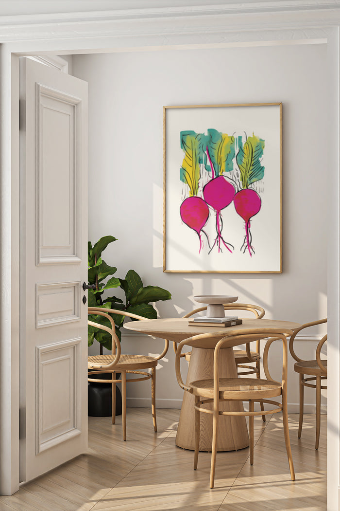 Stylish dining room interior with vibrant beetroot illustration poster on wall