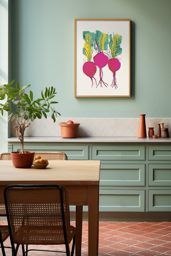 Stylish kitchen interior design with colorful beetroot painting on the wall and green cabinets