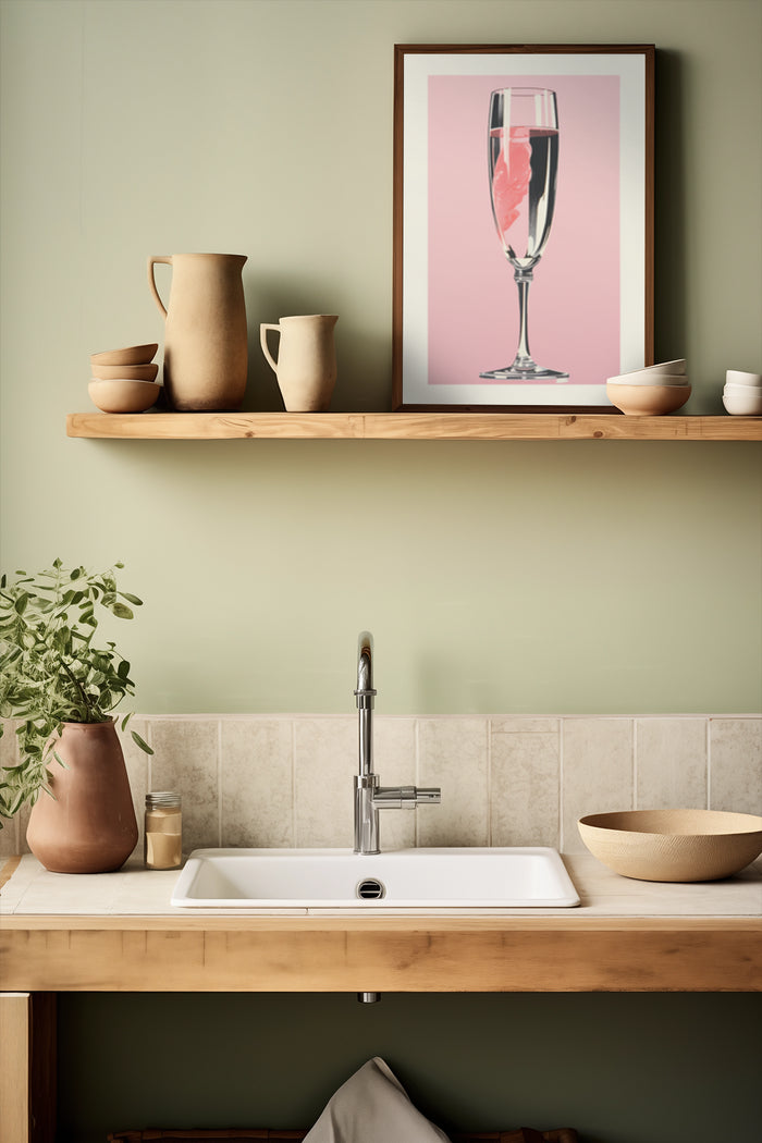 Minimalist kitchen decor with champagne glass poster, floating wooden shelf, and ceramic pottery