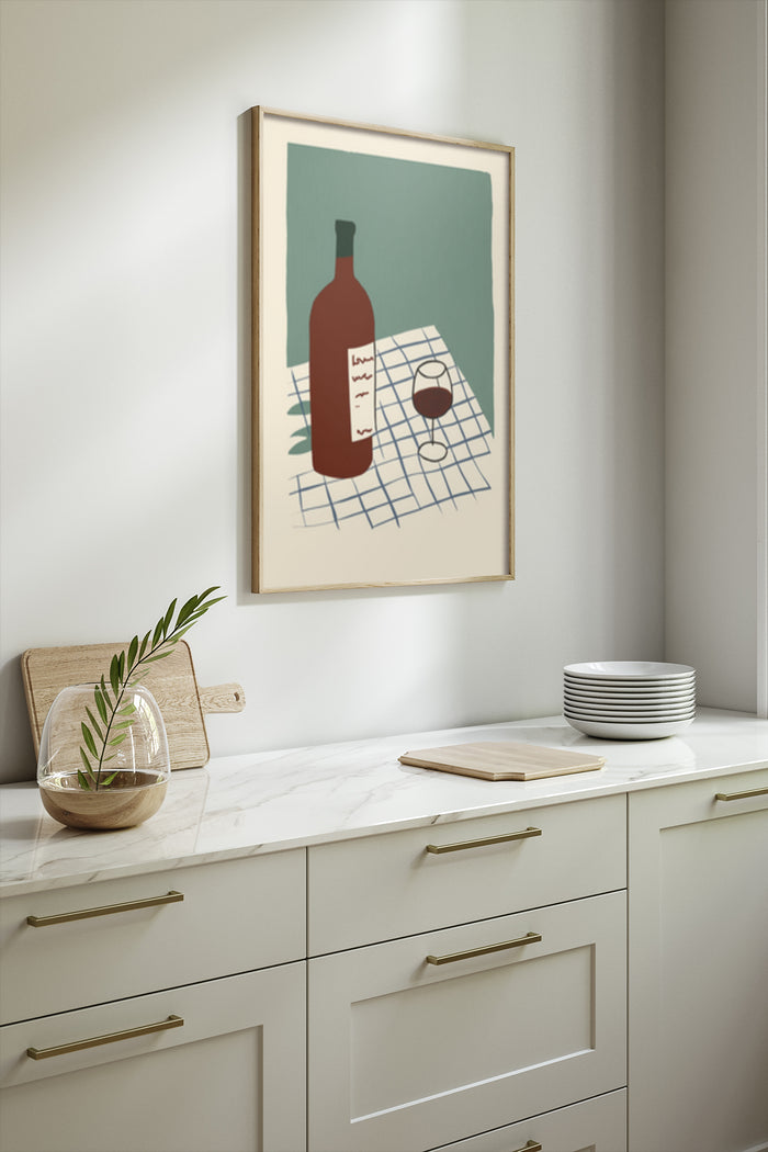 Elegant interior design featuring a framed poster with stylized wine bottle and glass artwork on kitchen wall