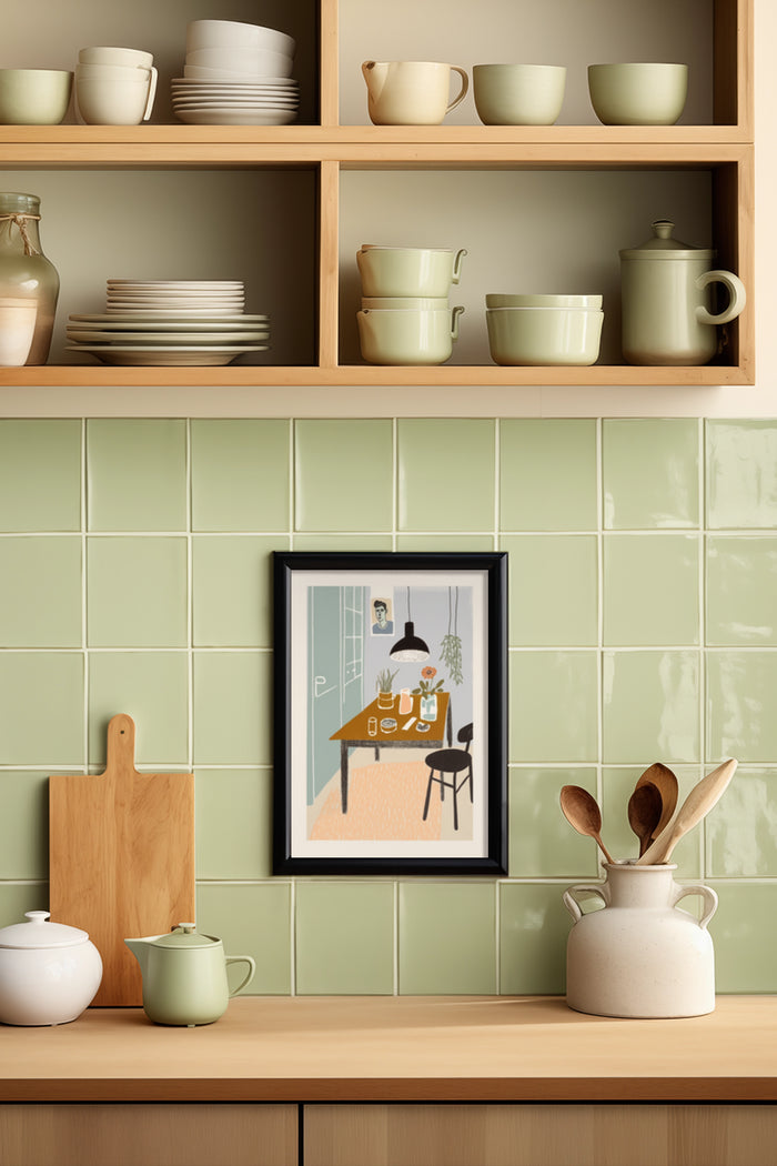 A cozy modern kitchen setting with ceramic dishware and a stylish framed poster of a dining scene on the wall