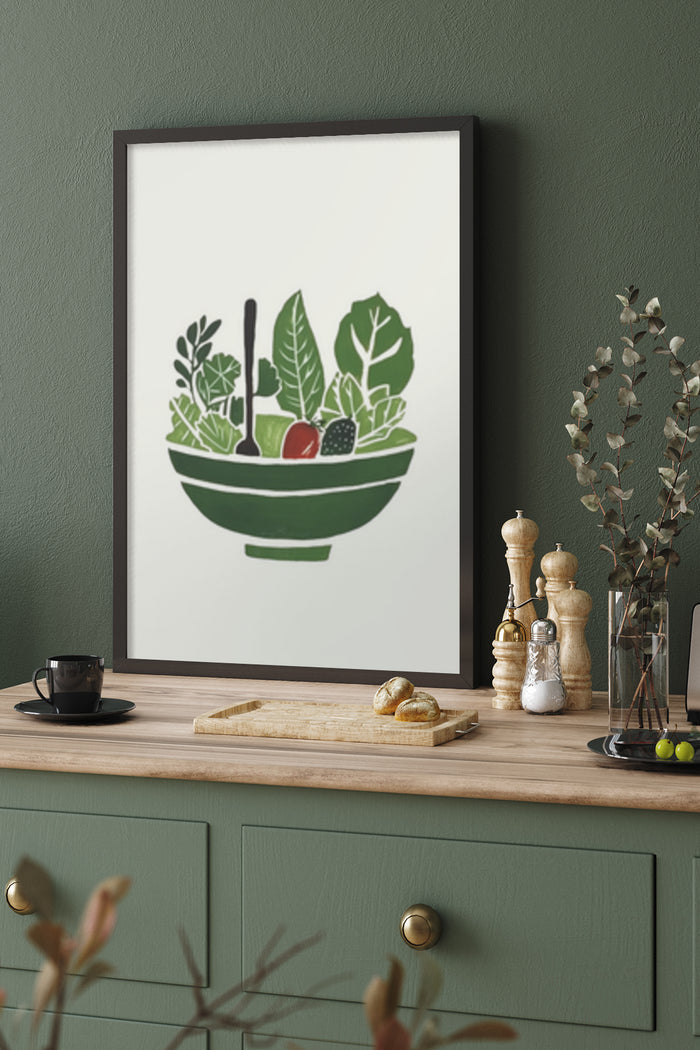 Modern kitchen with wall art poster featuring a stylized salad bowl with leafy greens and vegetables