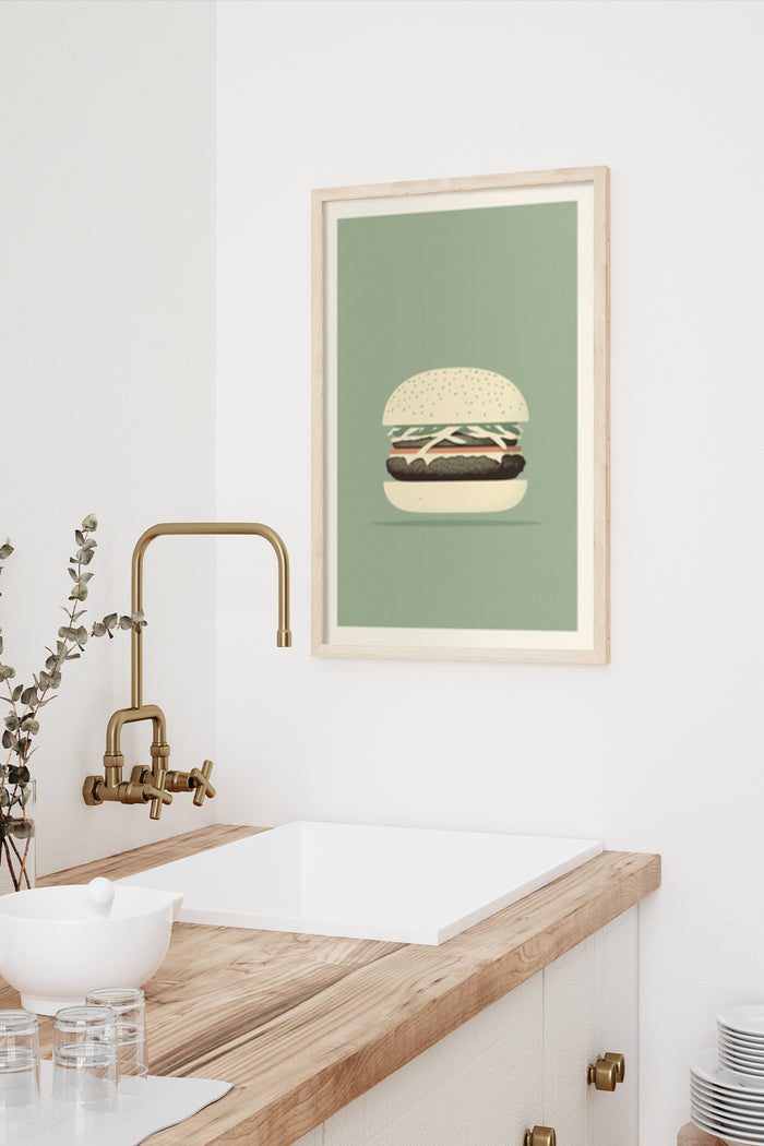 Minimalist burger artwork poster in a modern kitchen setting