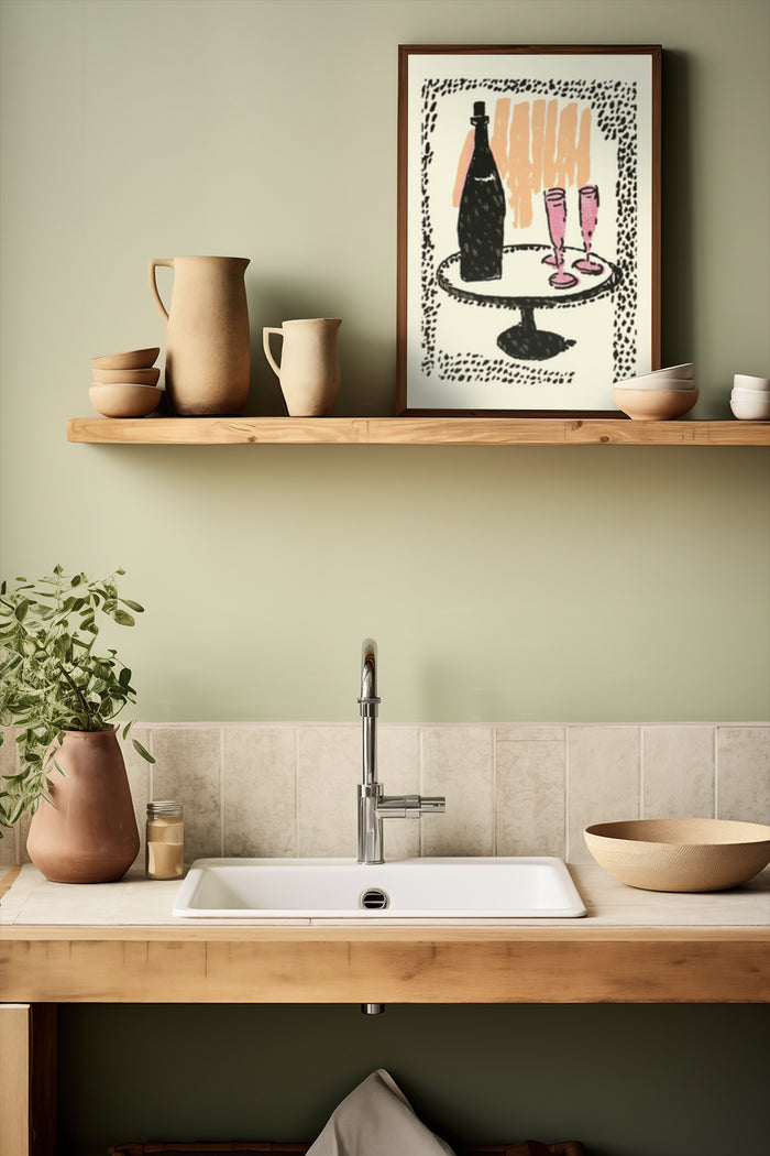 Contemporary kitchen with stylish poster of a bottle and glasses on wooden shelf
