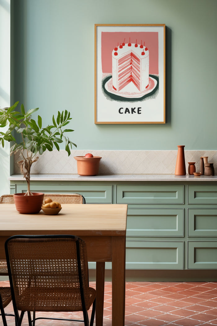 Stylish modern kitchen interior with cake illustration poster on the wall