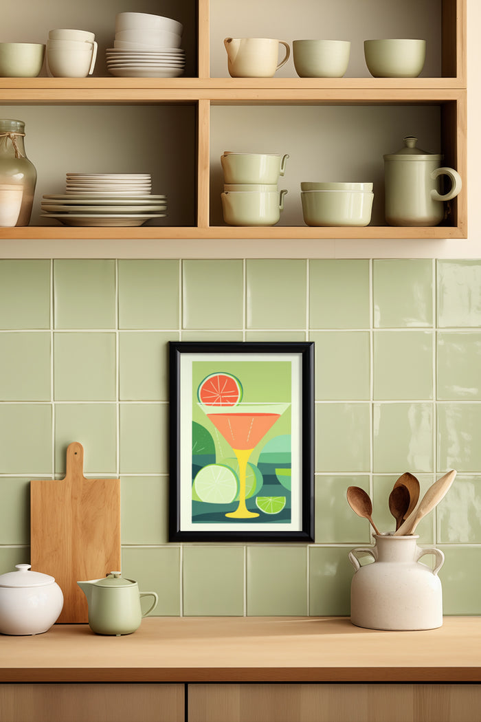 Modern kitchen interior with citrus cocktail poster artwork on wall