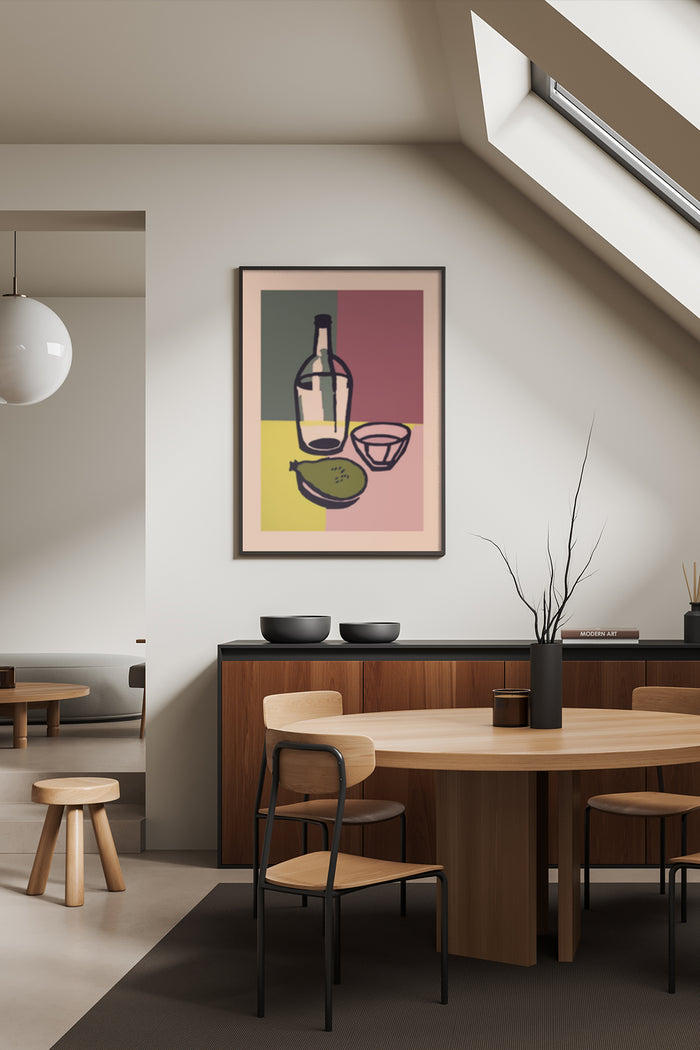 Modern kitchen interior with colorful poster featuring a wine bottle, wine glass, and sliced lemon