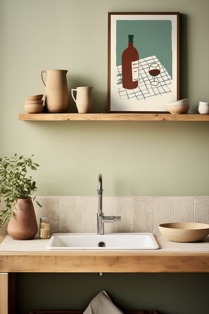 Modern minimalist kitchen with framed poster of red wine bottle and glass on shelf