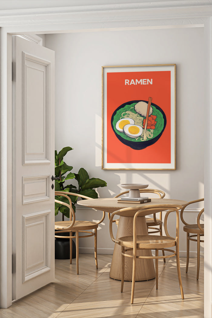 Stylish interior with ramen themed poster art on the wall