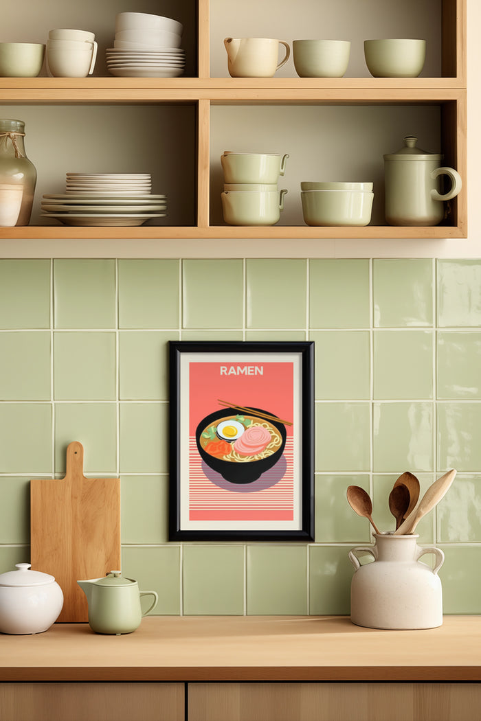 Stylish kitchen interior with framed poster art of Ramen bowl