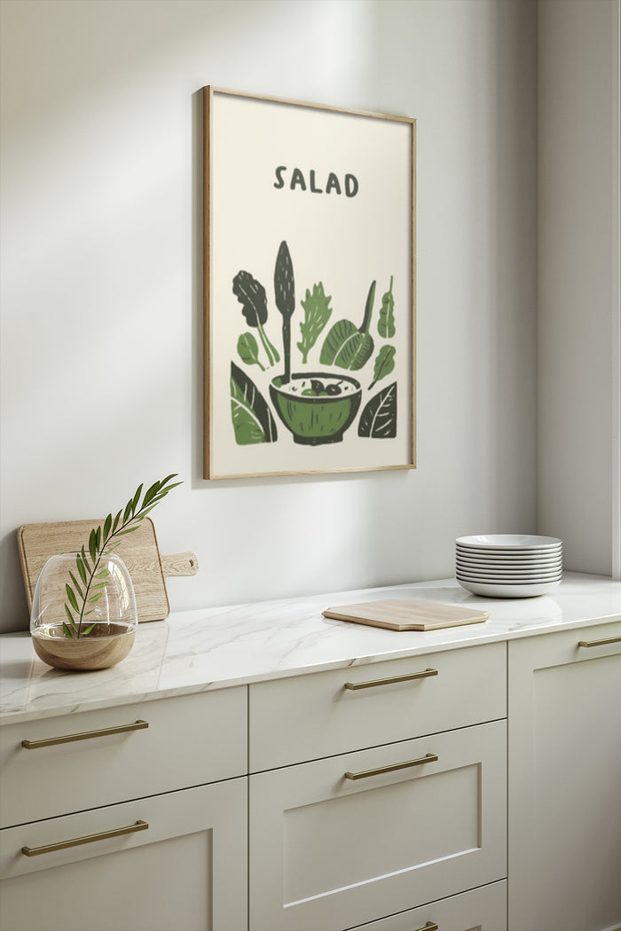 Modern kitchen interior with framed salad poster on the wall