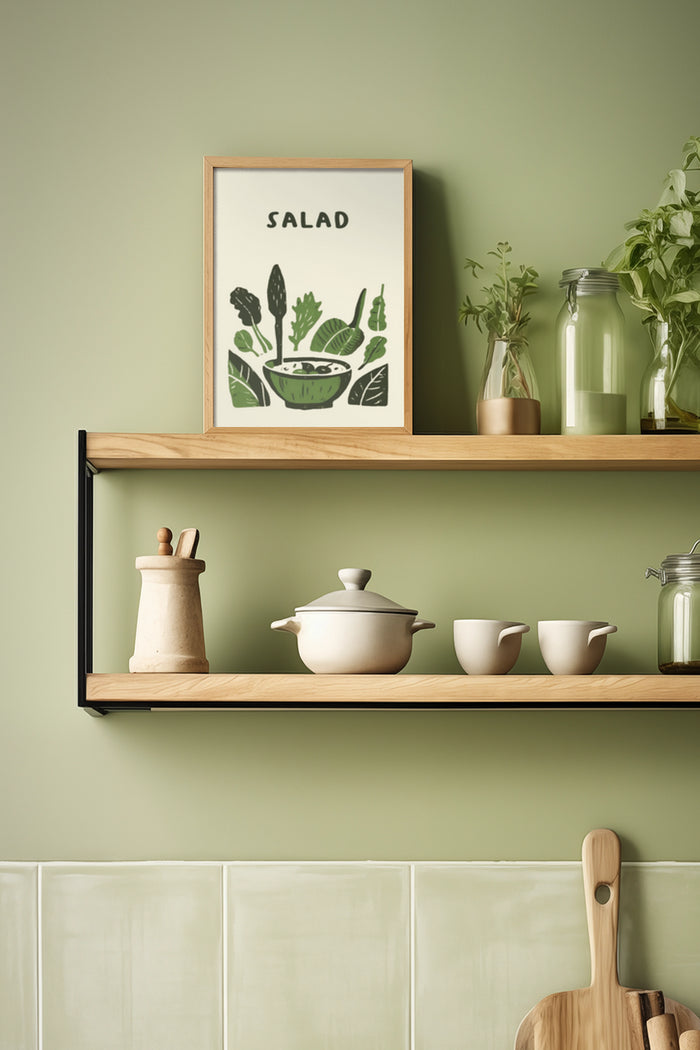 Minimalist kitchen salad poster artwork with wooden frame on shelf
