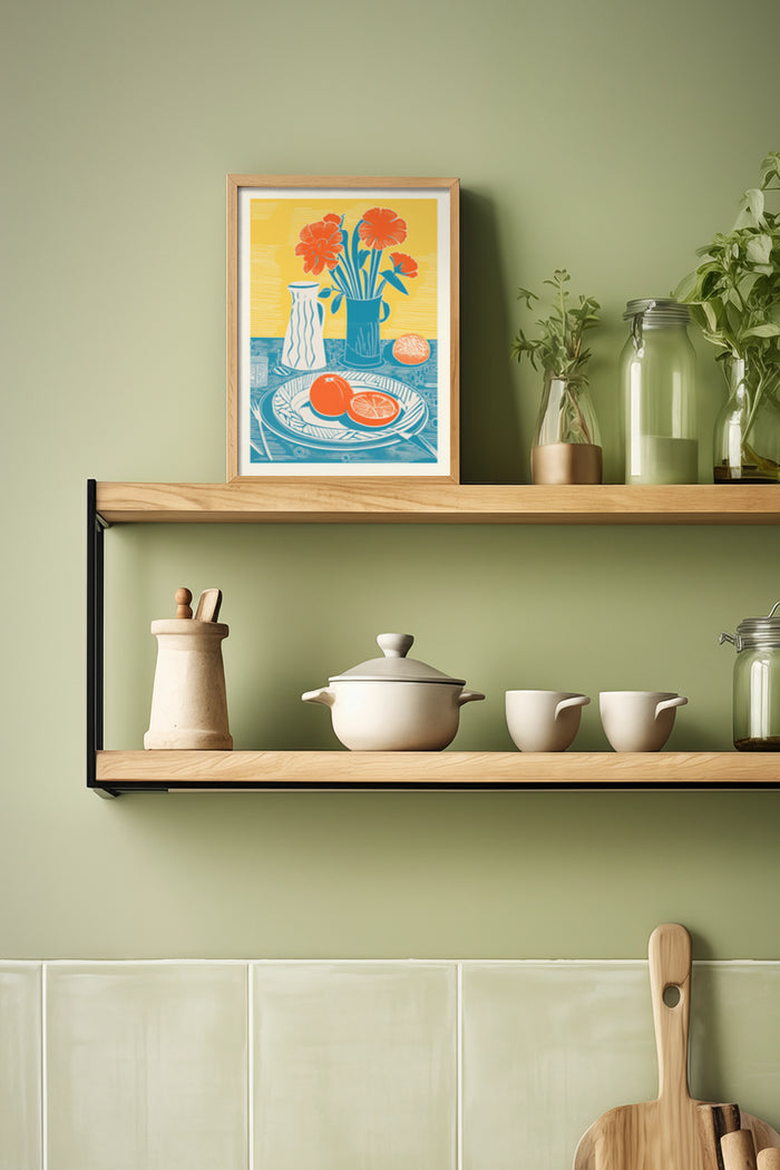 Colorful still life poster with flowers and fruit in a modern kitchen setting