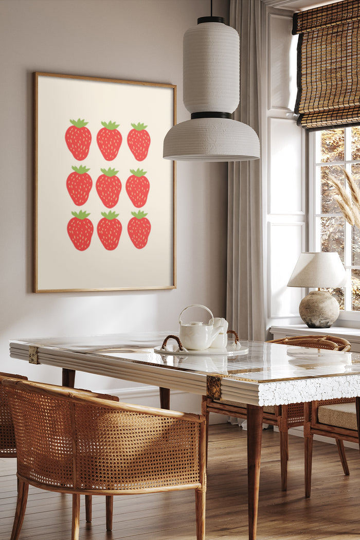 Contemporary kitchen interior with strawberry poster artwork on wall