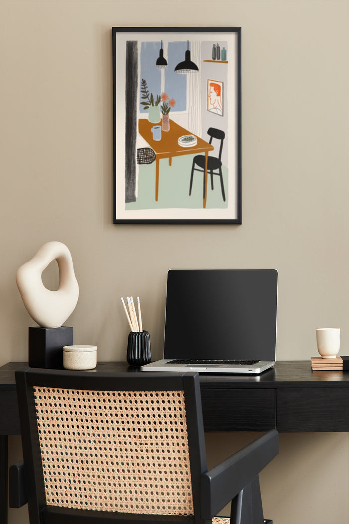 Stylish interior poster featuring modern kitchen table setting with art and hanging lamps