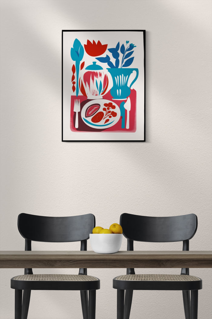 Abstract modern art poster of kitchen utensils and food in a contemporary design style