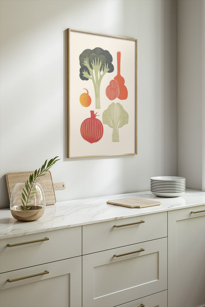 Stylish kitchen decor with poster featuring illustrated vegetables including broccoli, onion, garlic, and artichoke