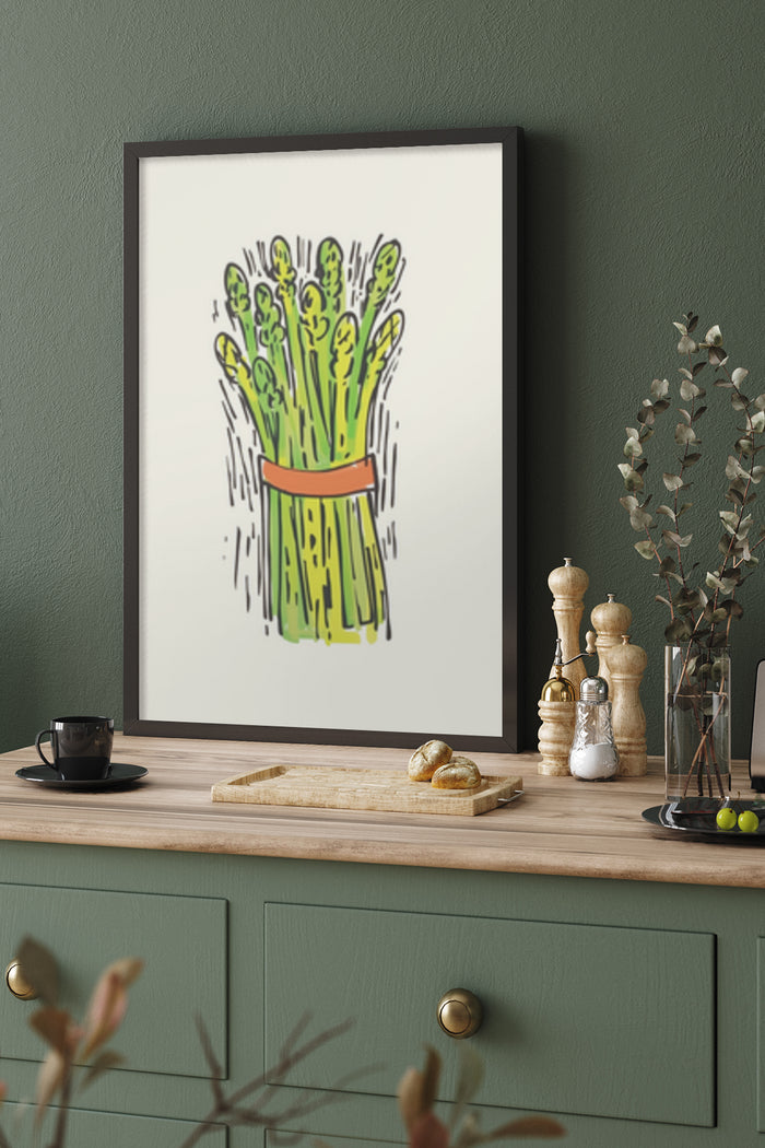 Contemporary kitchen interior with a framed poster of an asparagus illustration on the wall