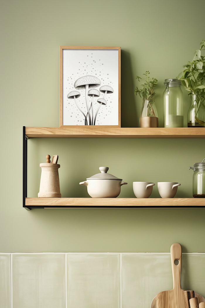 Stylish kitchen interior with mushroom illustration poster, wooden shelves and ceramic kitchenware