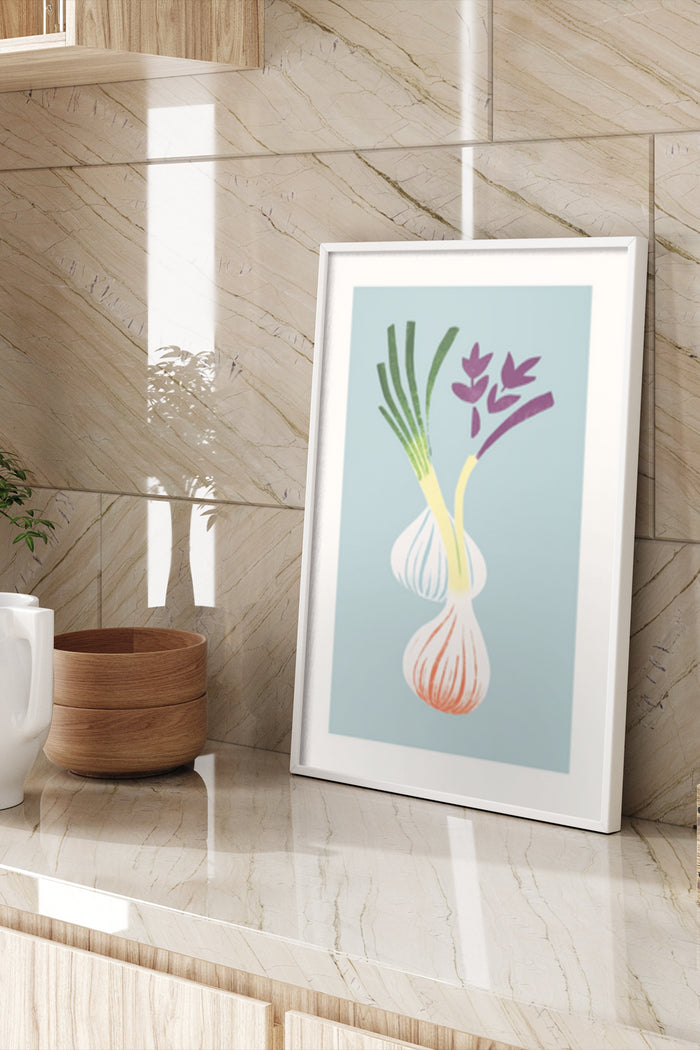 Stylish modern garlic and spring onions kitchen wall art poster in a contemporary interior setting