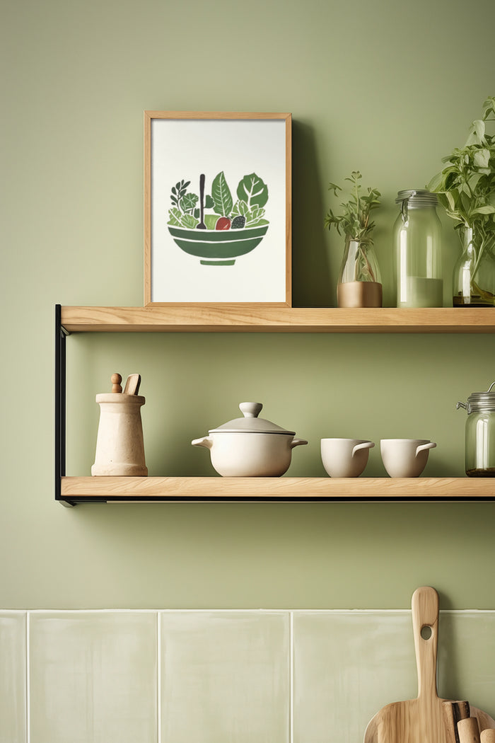 Stylish modern kitchen with green walls featuring a framed poster of a salad bowl with vegetables