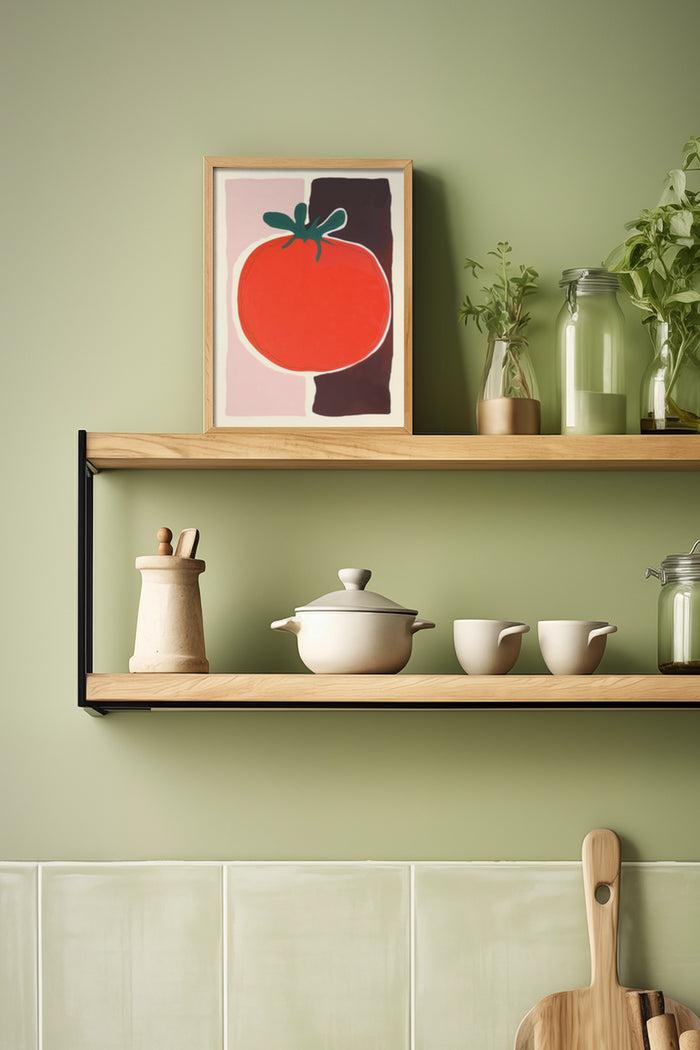 Minimalist tomato poster in a modern kitchen setting on wooden shelf