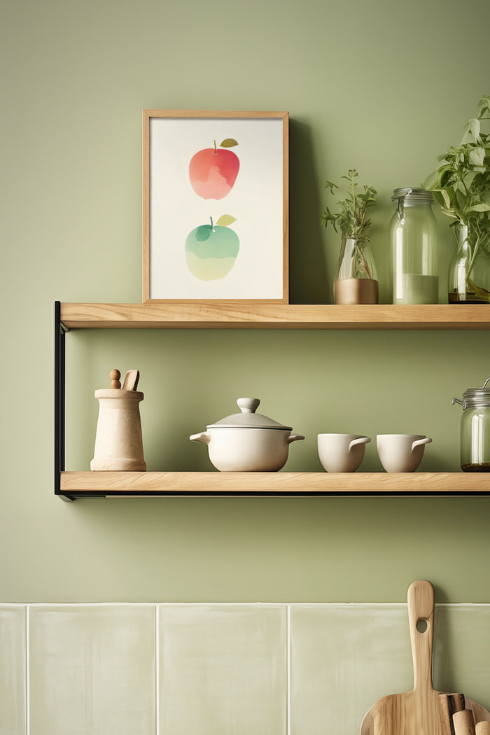 Stylish kitchen interior design with stacked apple watercolor art print and wooden shelves with ceramic dishware