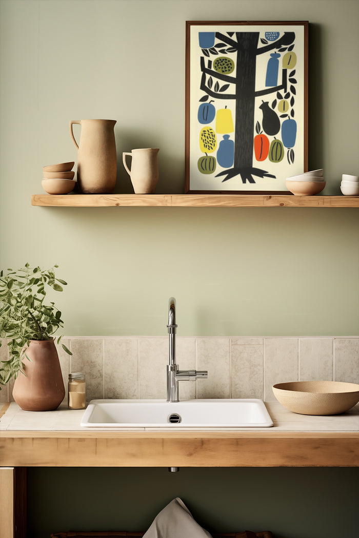 Contemporary kitchen interior featuring abstract tree design poster, earth-toned ceramics on wooden shelf, and green plant beside white sink
