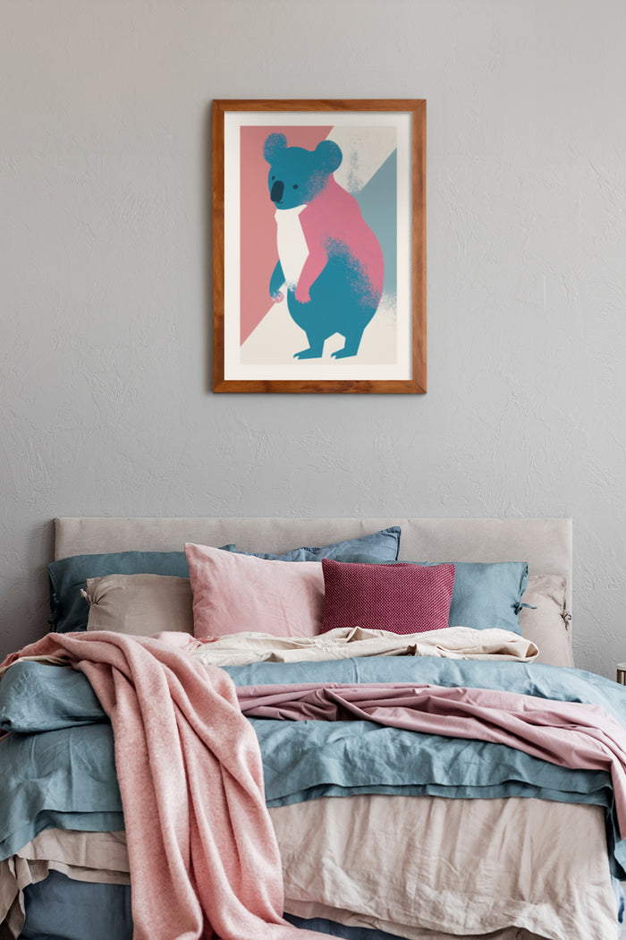 Contemporary koala illustration art poster in bedroom interior setting
