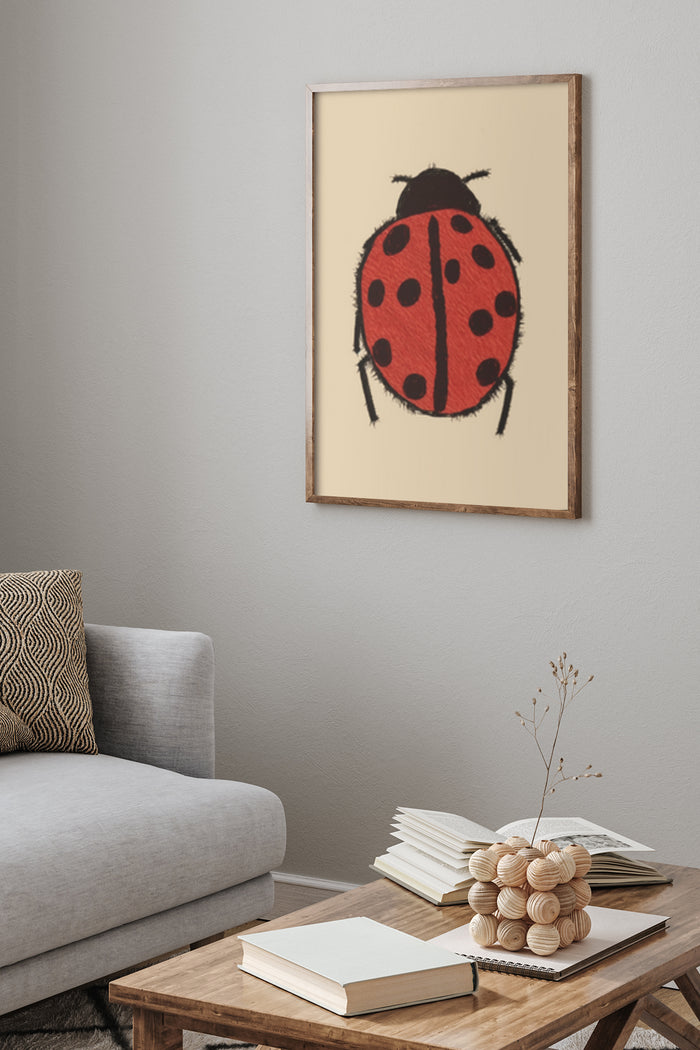 Contemporary ladybug illustration poster framed on a living room wall