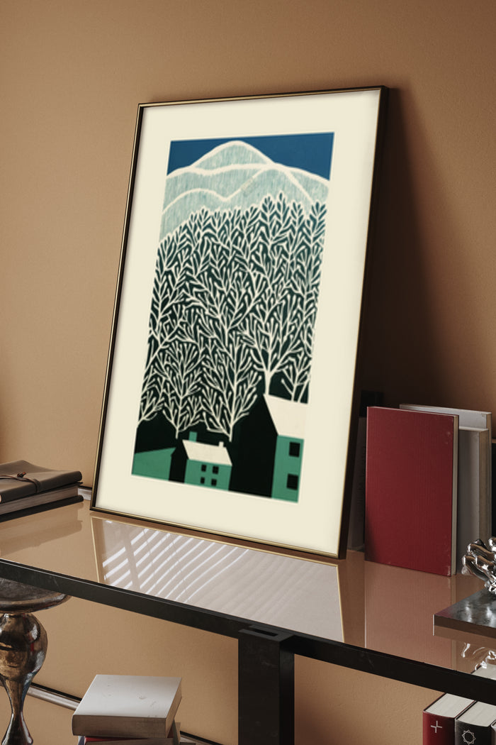 Stylized modern landscape poster featuring abstract trees and houses with mountains in the background, displayed in interior setting