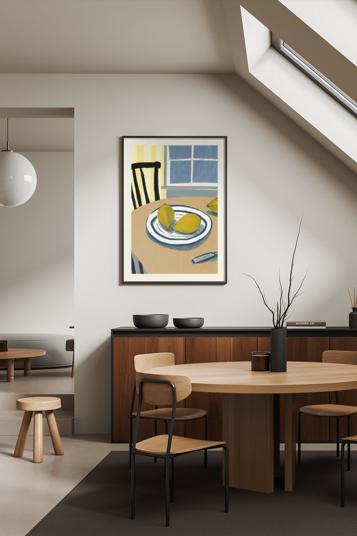 Contemporary yellow lemon artwork poster hanging in a modern dining room setting