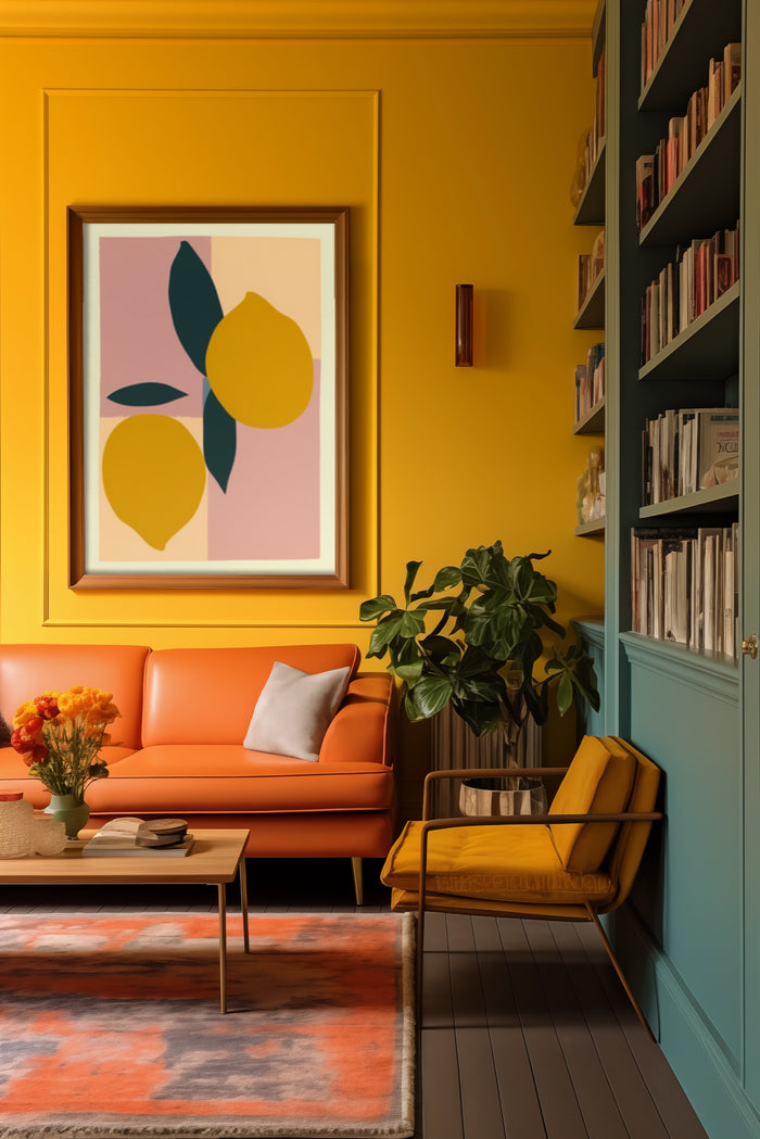 Contemporary yellow lemon artwork poster framed in a lively interior with orange couch and bookshelf