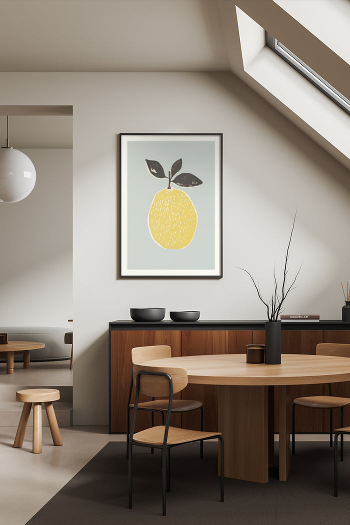 Stylish yellow lemon with leaves poster framed on a clean dining room wall
