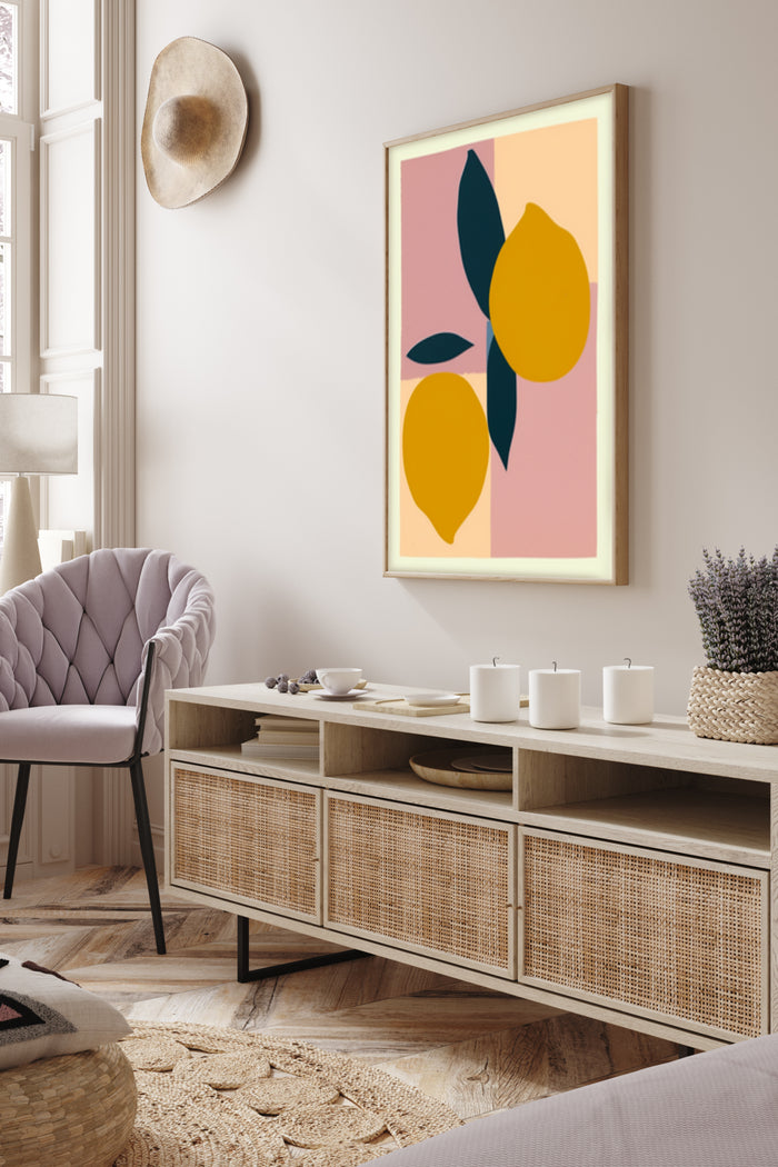 Modern lemon artwork poster on wall above sideboard in contemporary living room setting
