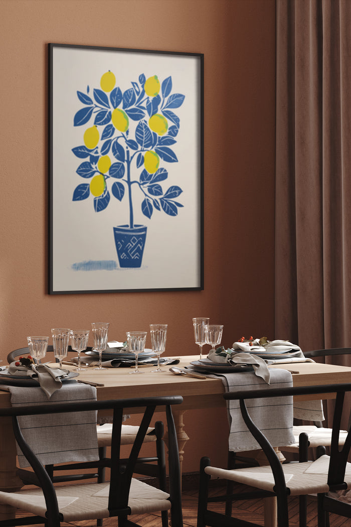Stylish modern lemon tree poster in a contemporary dining room setting