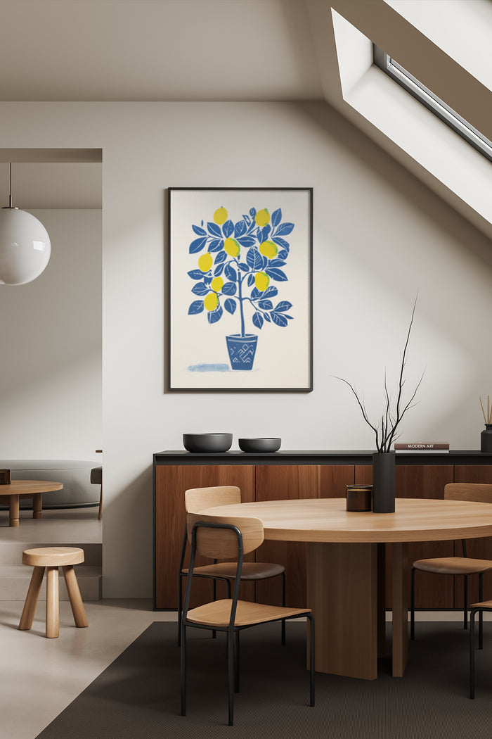 Stylish modern lemon tree artwork poster displayed in a contemporary dining room setting