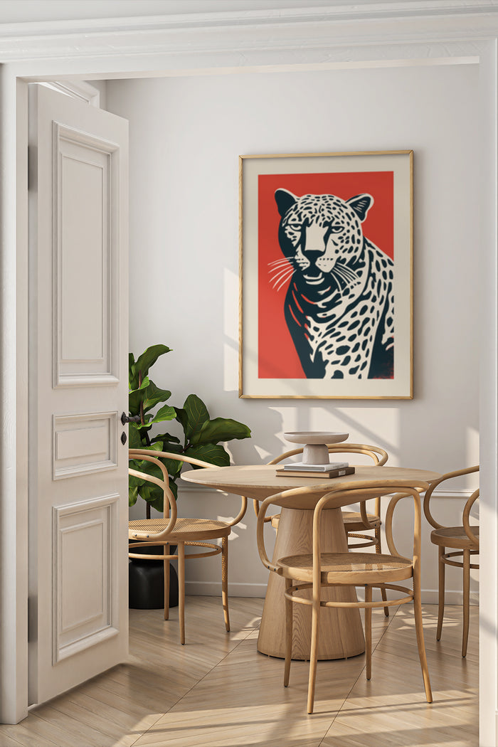 Stylish modern red and black leopard artwork poster showcased in contemporary dining room interior