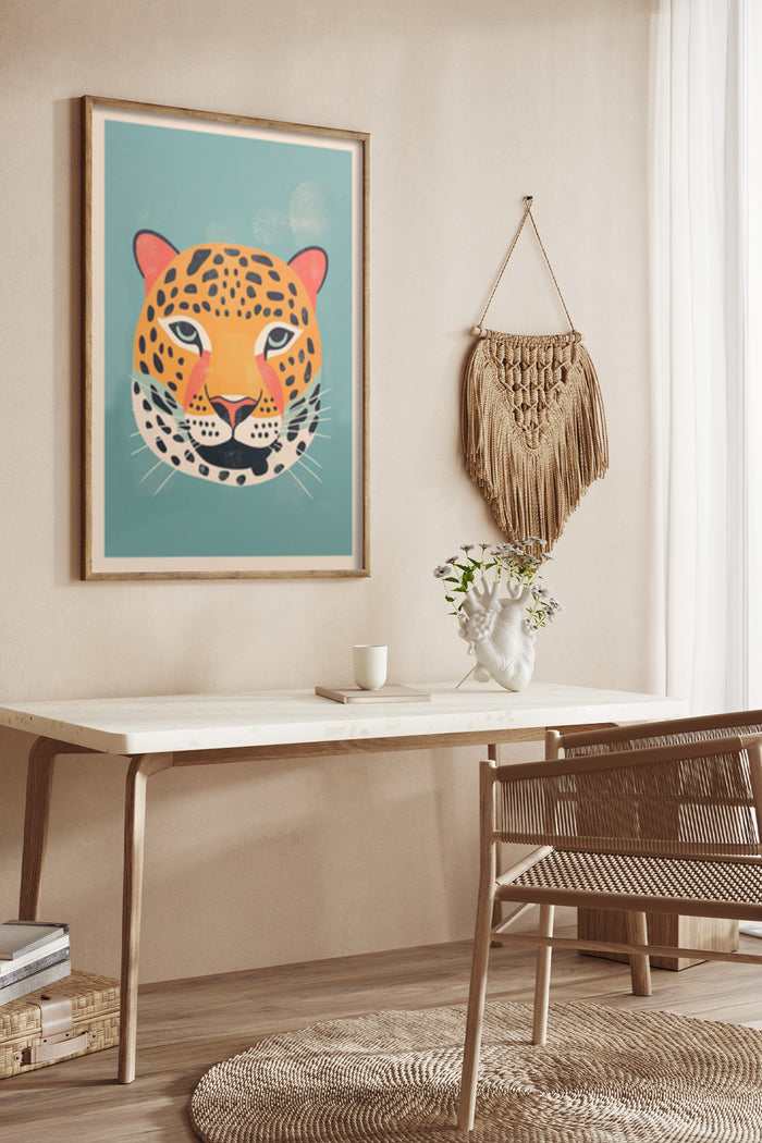 Stylish colorful leopard face poster framed on a wall in a contemporary room setting with bohemian wall hanging and classy desk