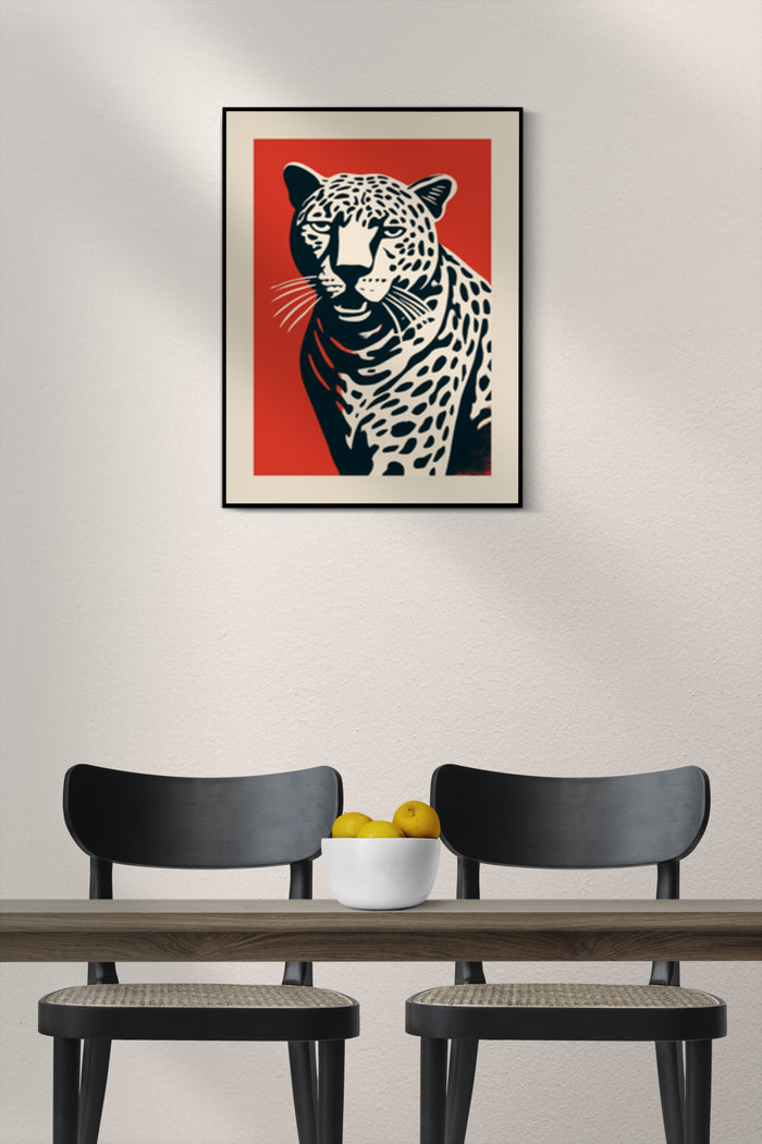Stylish interior with modern red and black leopard print artwork on wall