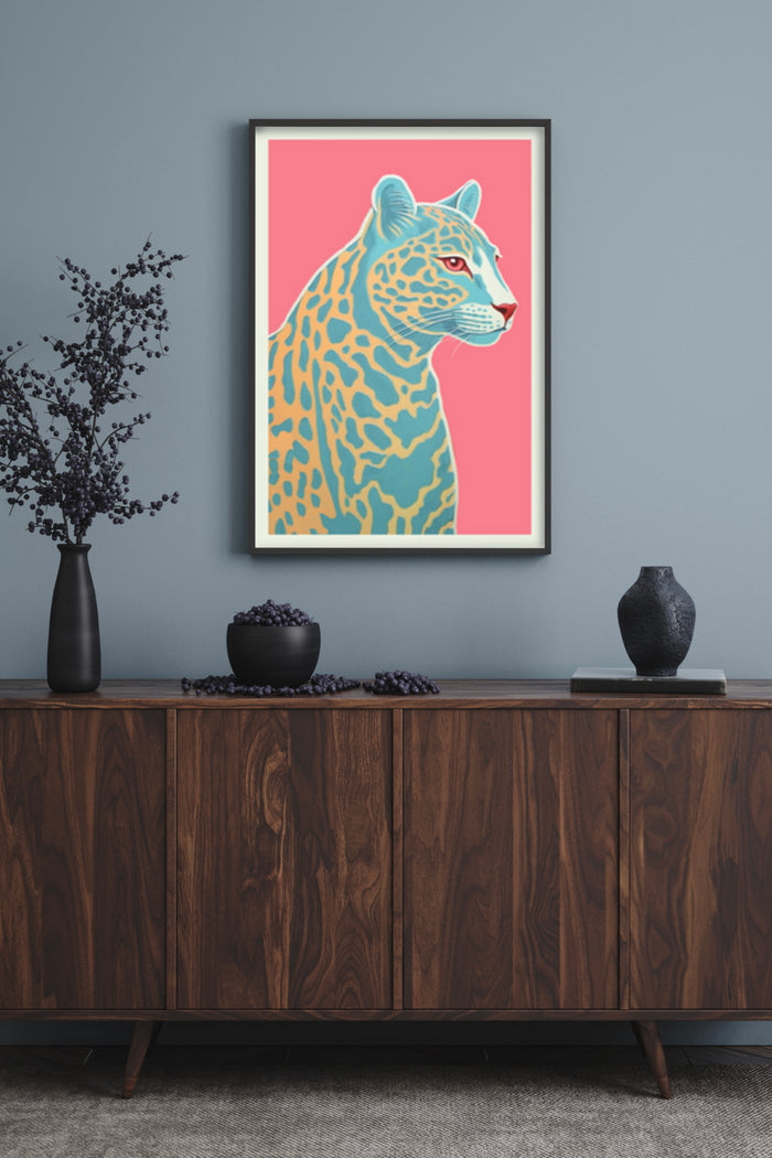 Stylish modern leopard artwork poster framed on a living room wall, interior decoration concept