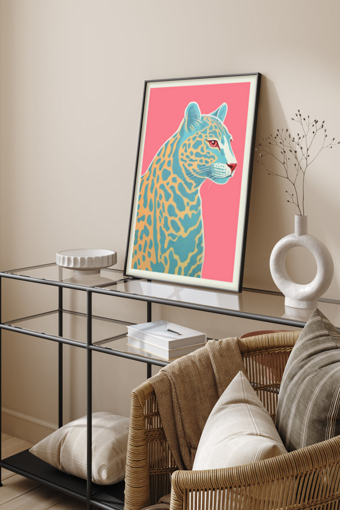 Contemporary leopard illustration poster with vibrant pink background displayed in a stylish living room setting