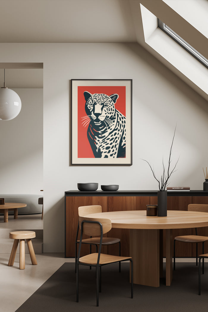 Stylish modern art poster featuring a leopard design in a contemporary dining room setting