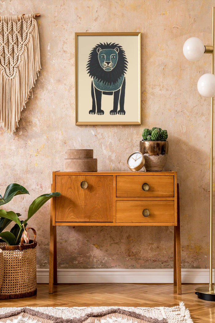 Stylized modern lion artwork poster framed on a bohemian style decorated wall above a wooden sideboard